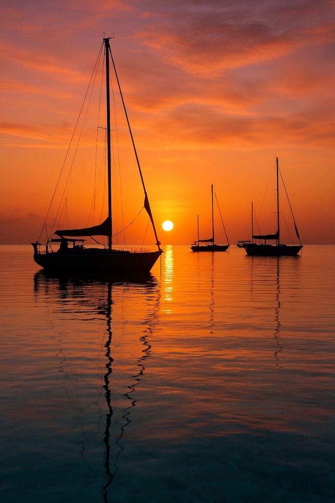 Sunset scene with silhouetted sailboats.
